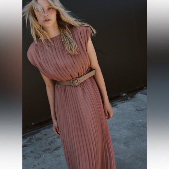 ZARA PLEATED DRESS WITH BELT - Picture 2 of 7